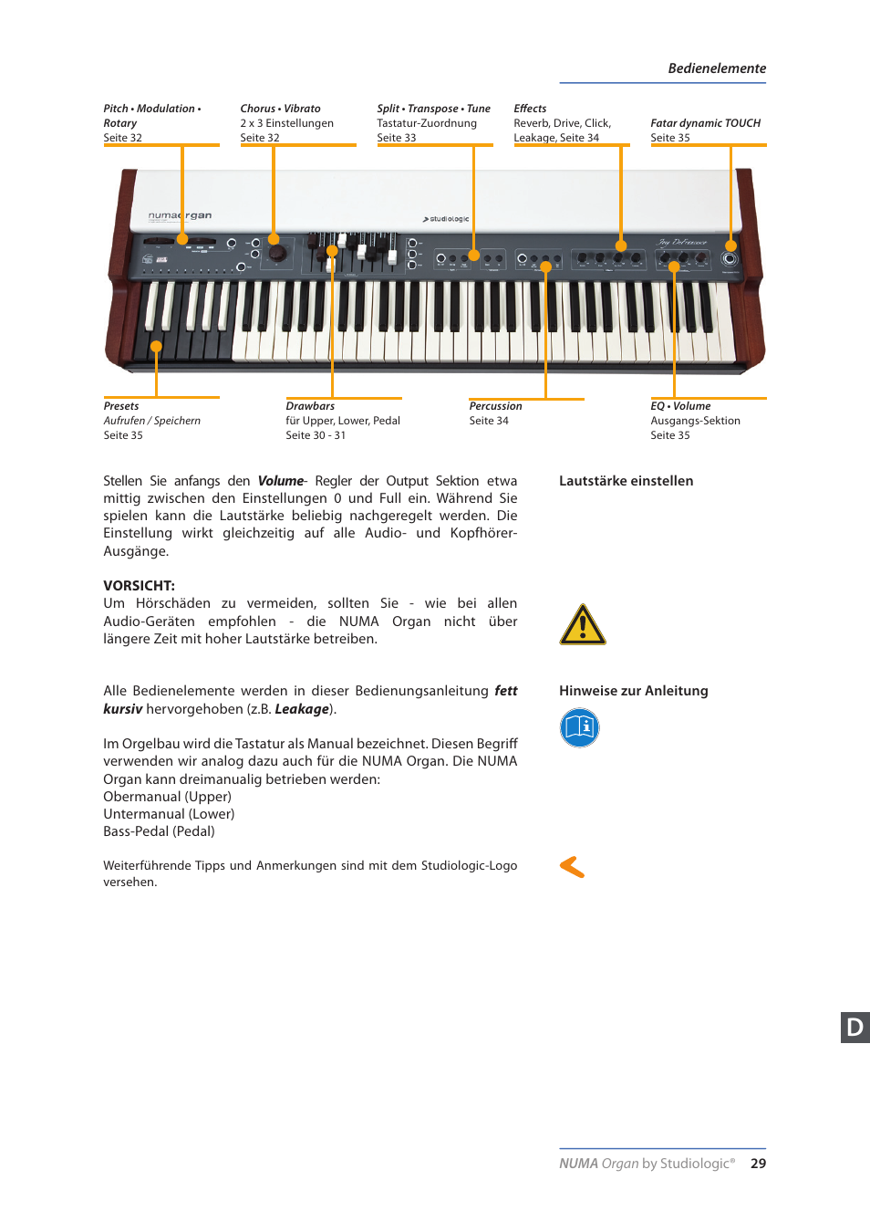 Bedienelemente, Lautstärke einstellen, Hinweise zur anleitung | Studiologic Numa Organ User Manual | Page 29 / 68