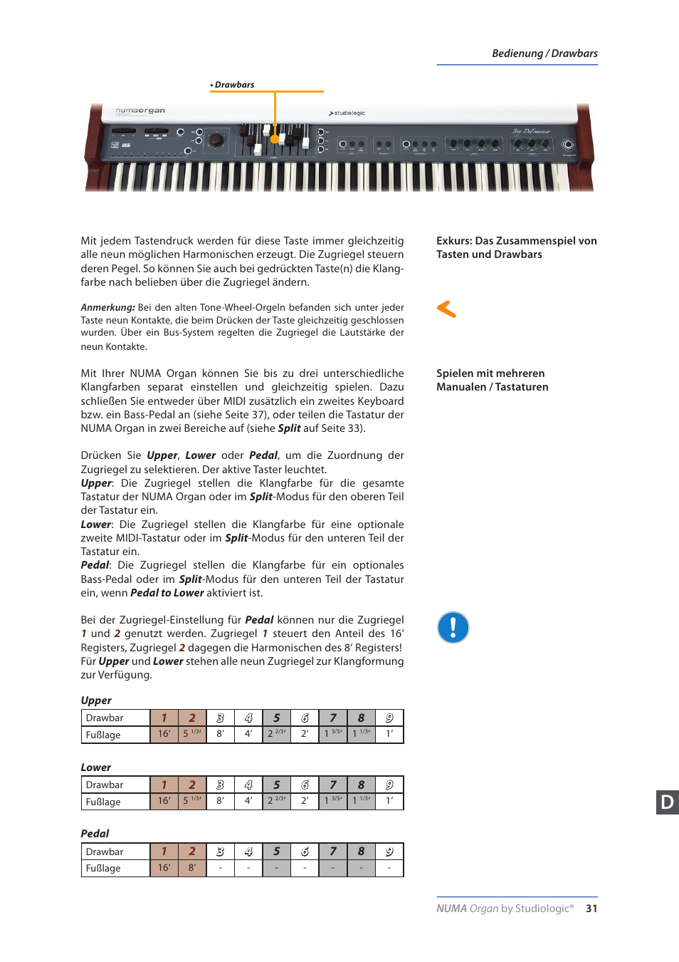 Exkurs: das zusammenspiel von tasten und drawbars, Spielen mit mehreren manualen / tastaturen | Studiologic Numa Organ User Manual | Page 31 / 68