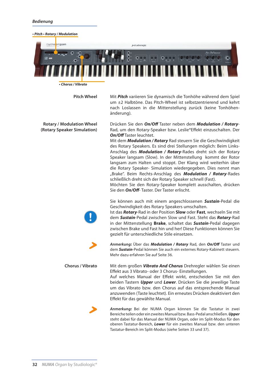 Pitch wheel, Rotary simulation / modulation wheel, Chorus / vibrato | Bedienung | Studiologic Numa Organ User Manual | Page 32 / 68