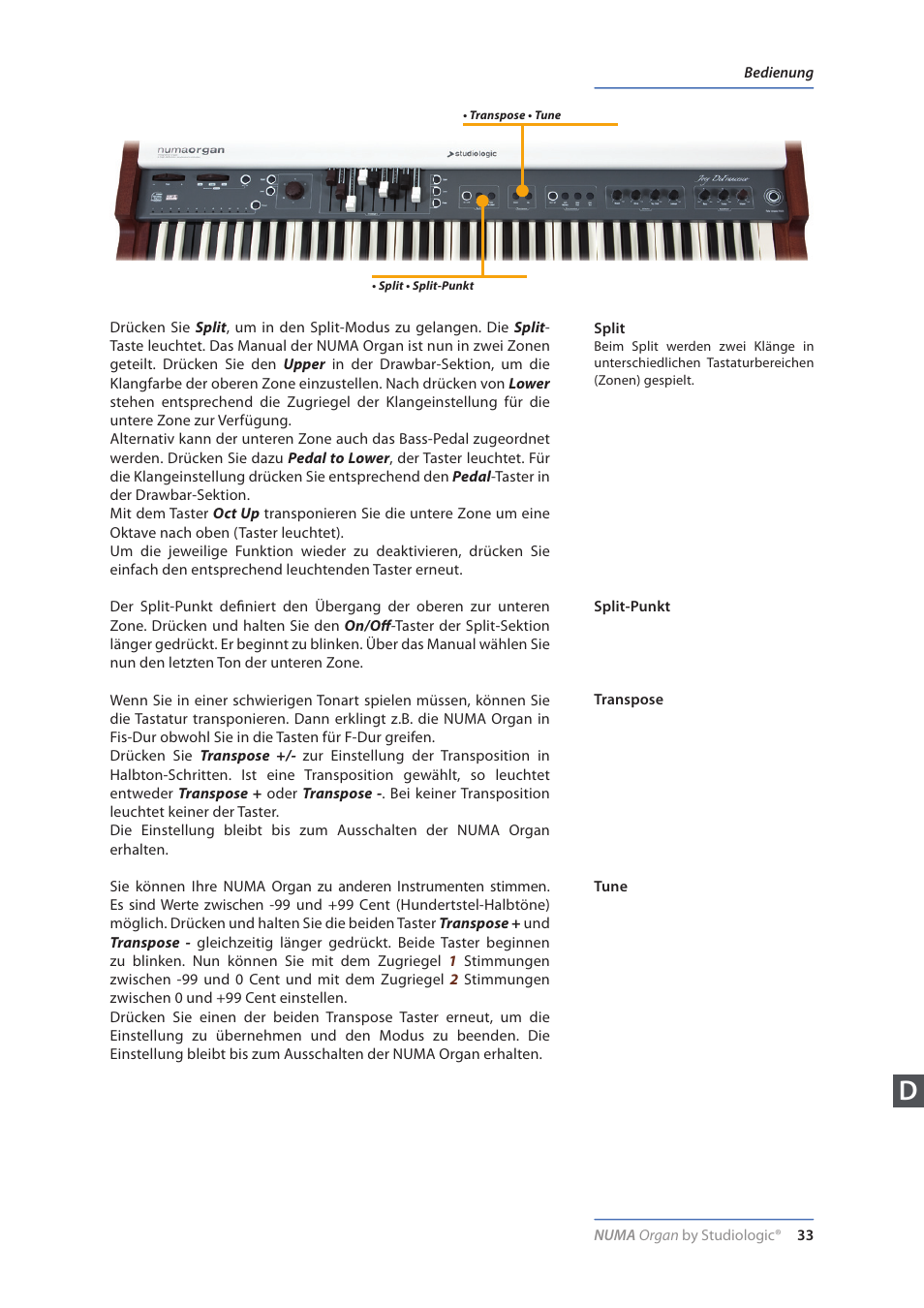 Split, Split-punkt, Transpose | Tune | Studiologic Numa Organ User Manual | Page 33 / 68