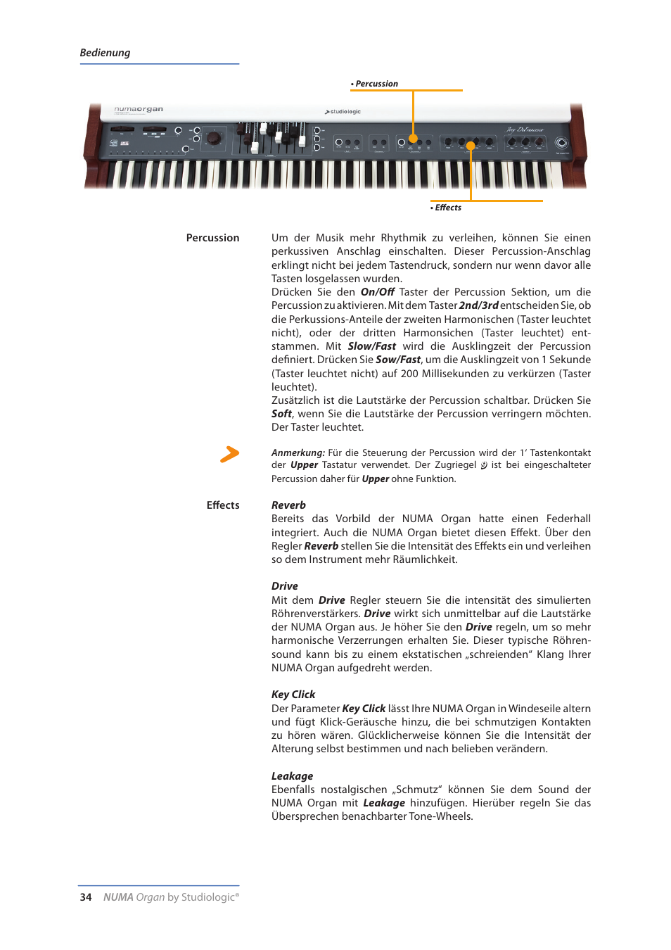 Percussion, Effects, Effects (reverb, drive, key click, leakage) | Studiologic Numa Organ User Manual | Page 34 / 68
