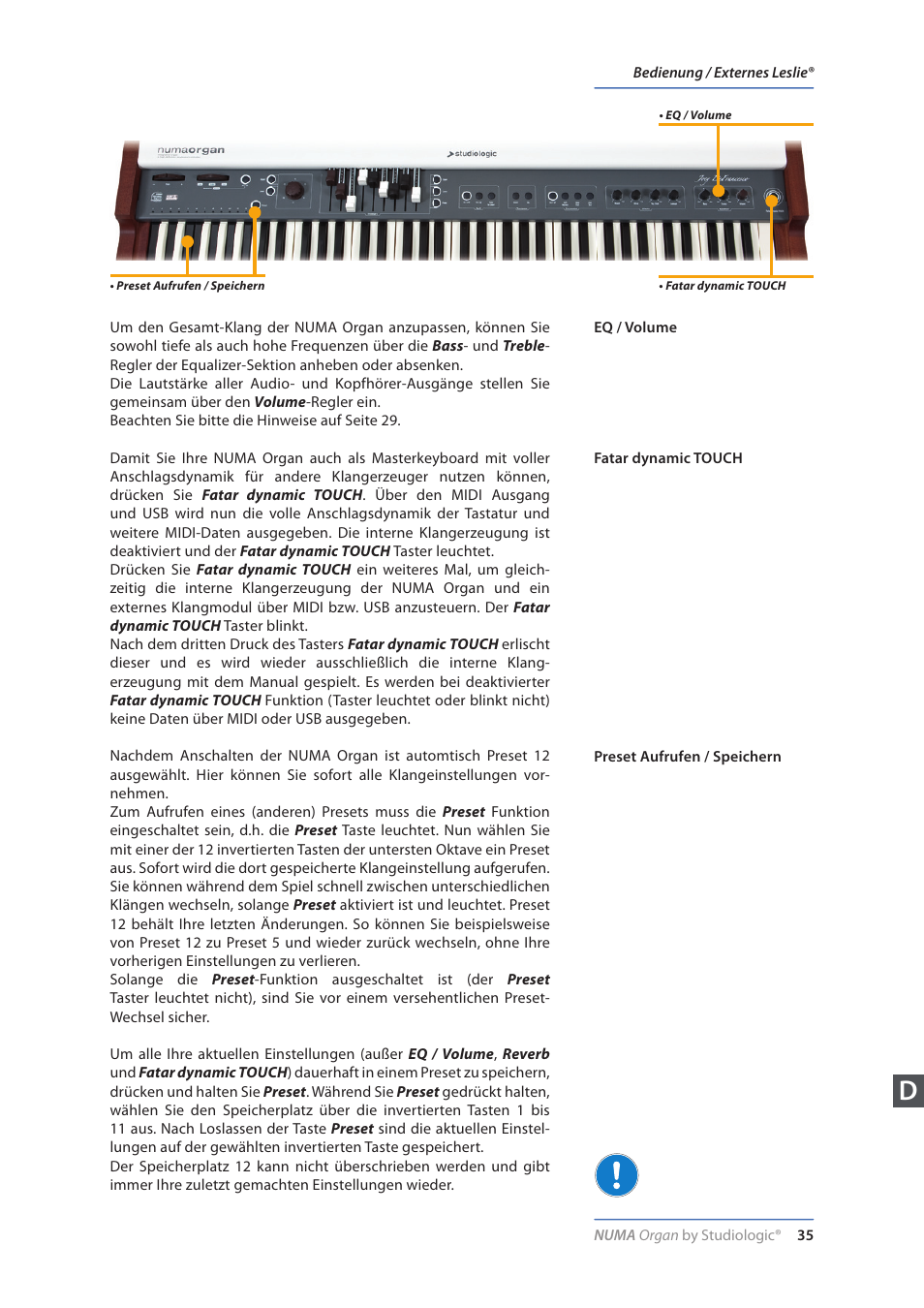Eq / volume, Fatar dynamic touch, Preset aufrufen / speichern | Studiologic Numa Organ User Manual | Page 35 / 68