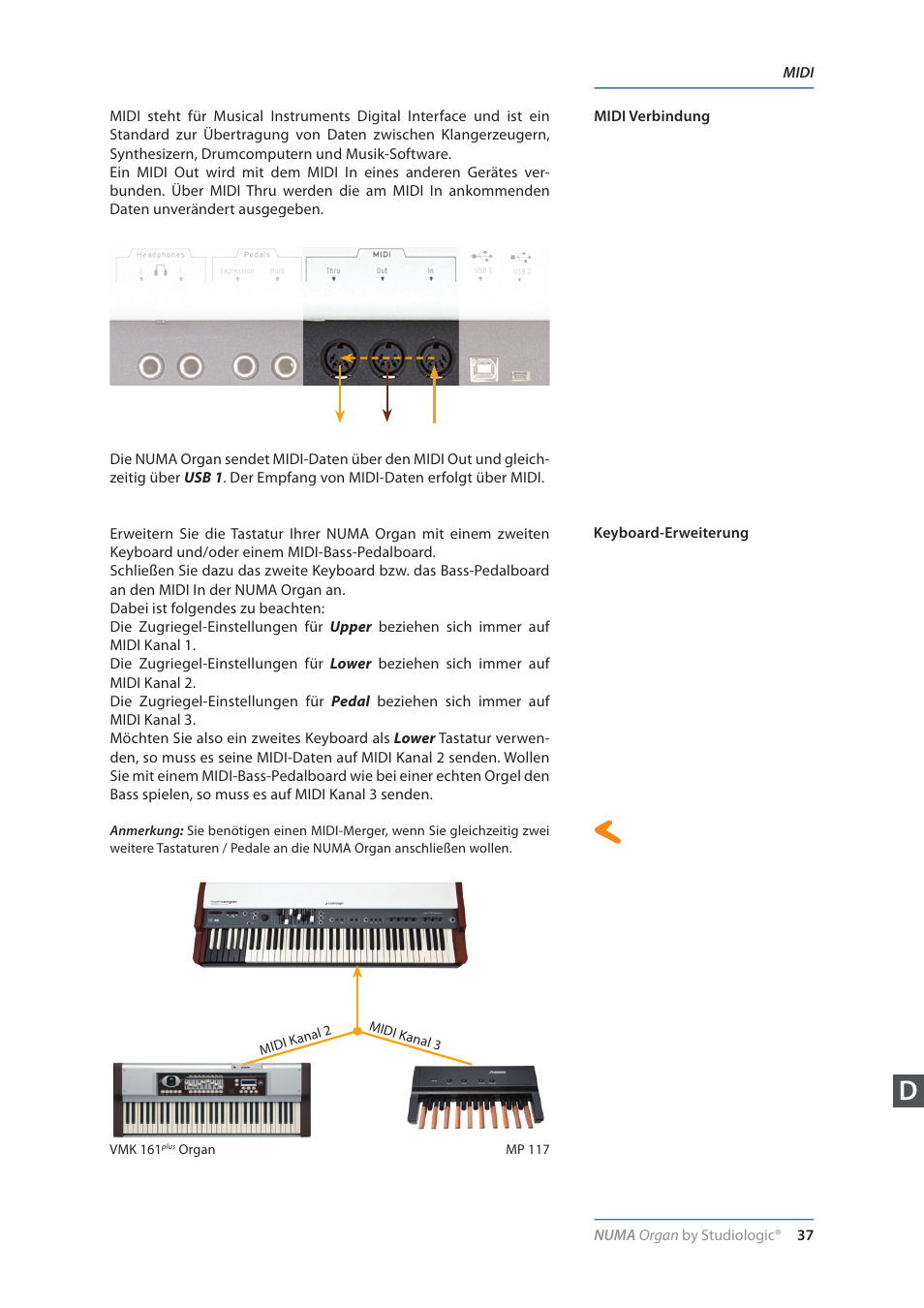 Midi, Midi verbindung, Keyboard-erweiterung | Studiologic Numa Organ User Manual | Page 37 / 68