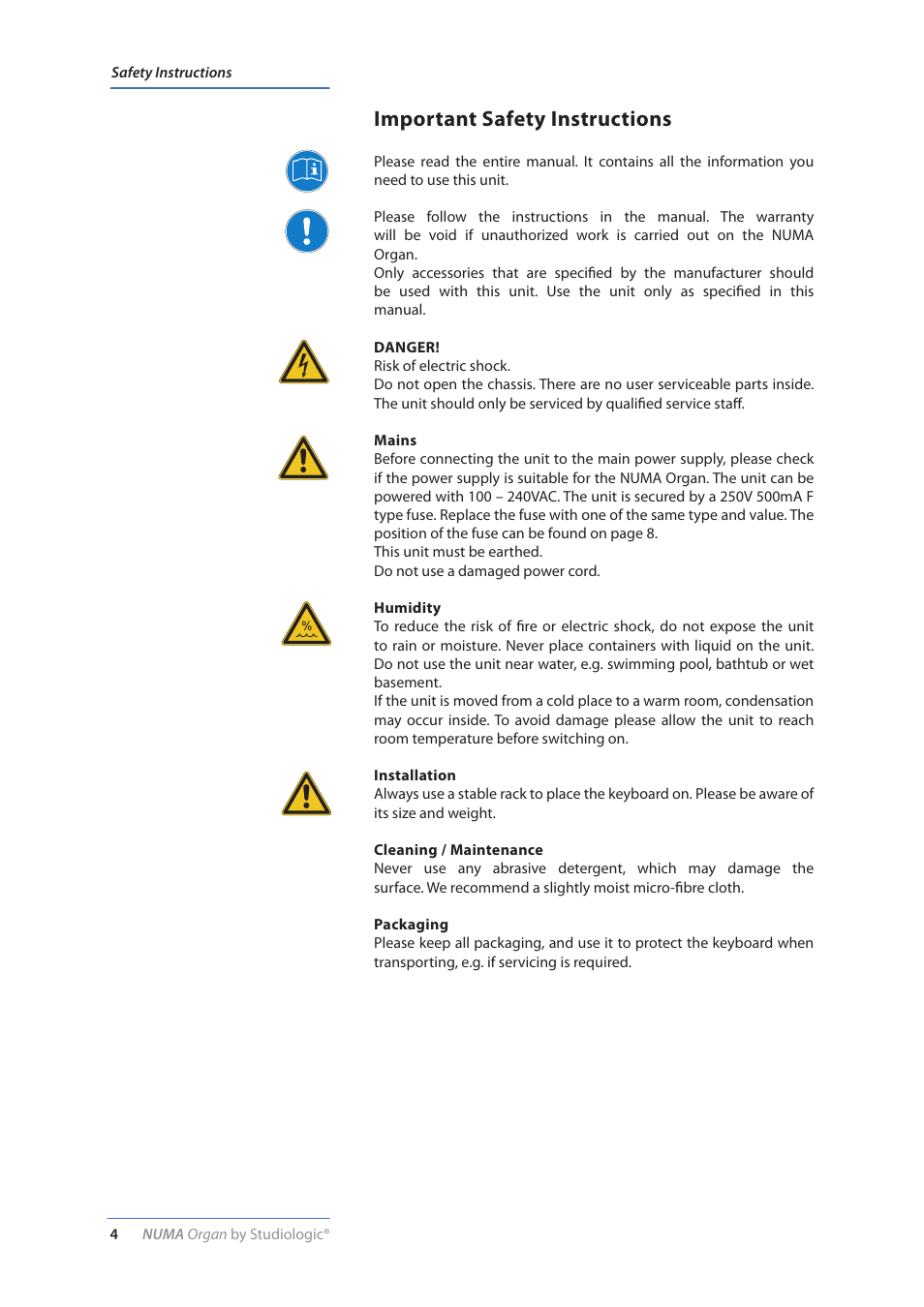 Important safety instructions | Studiologic Numa Organ User Manual | Page 4 / 68