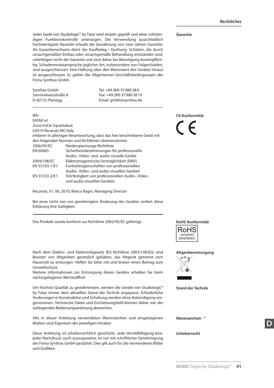Rechtliches, Ce / rohs, Entsorgung | Copyright, Rohs | Studiologic Numa Organ User Manual | Page 41 / 68