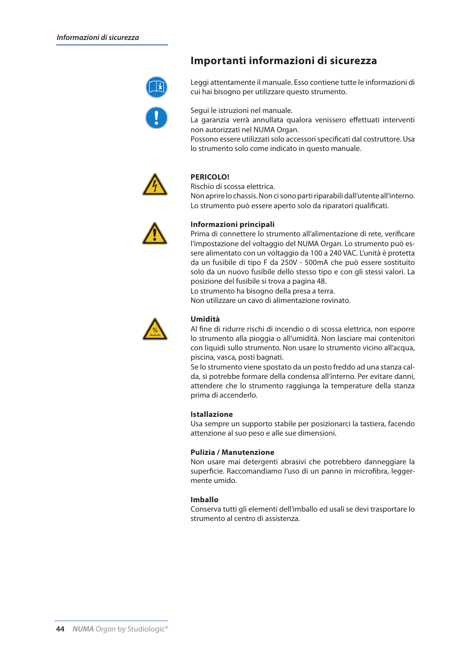 Importanti informazioni di sicurezza | Studiologic Numa Organ User Manual | Page 44 / 68