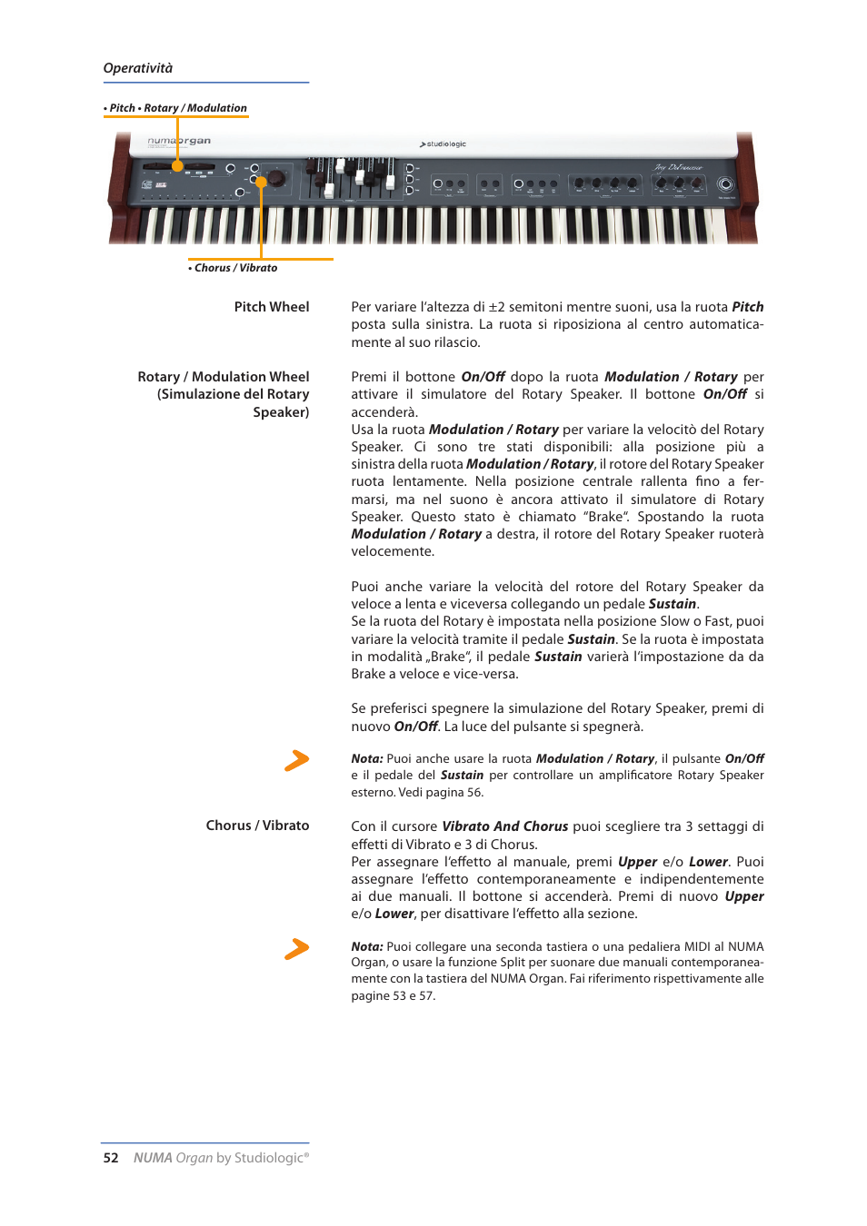 Pitch wheel, Simulazione del rotary / modulation wheel, Chorus / vibrato | Operatività | Studiologic Numa Organ User Manual | Page 52 / 68