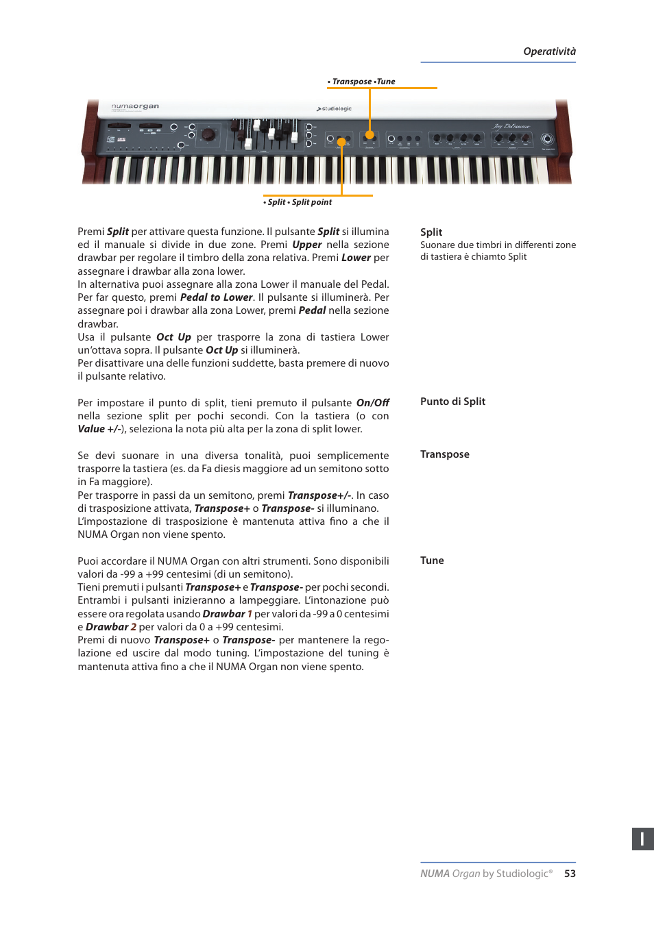 Split, Punto di split, Transpose | Tune | Studiologic Numa Organ User Manual | Page 53 / 68