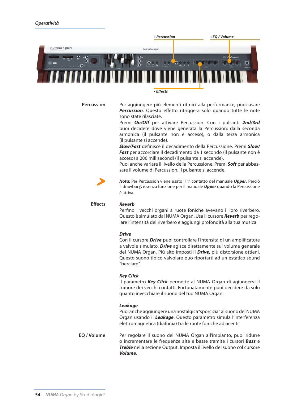 Percussion, Effects, Eq / volume | Effects (reverb, drive, key click, leakage) | Studiologic Numa Organ User Manual | Page 54 / 68