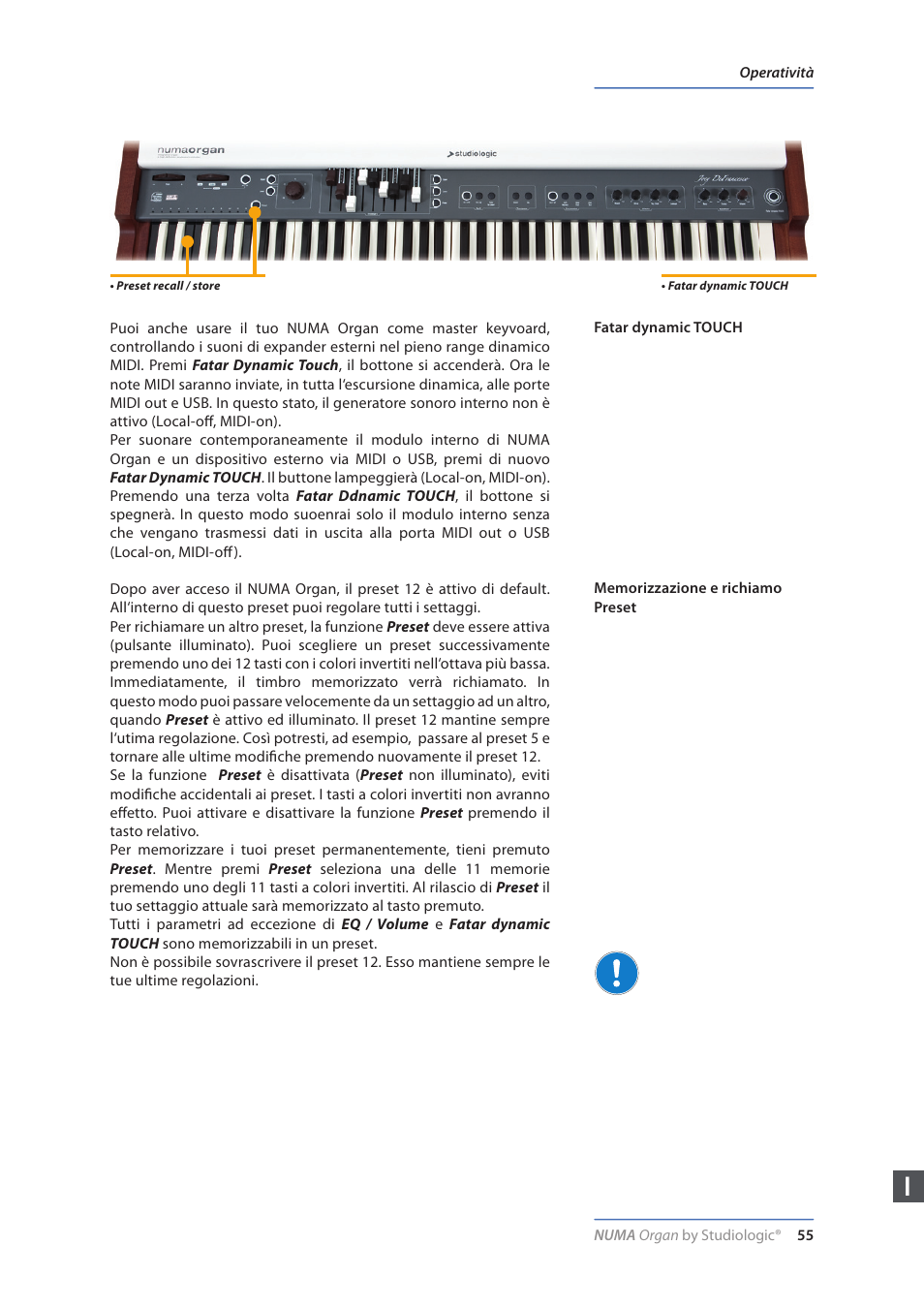 Fatar dynamic touch, Memorizzazione e richiamo preset, Eq / volume | Studiologic Numa Organ User Manual | Page 55 / 68