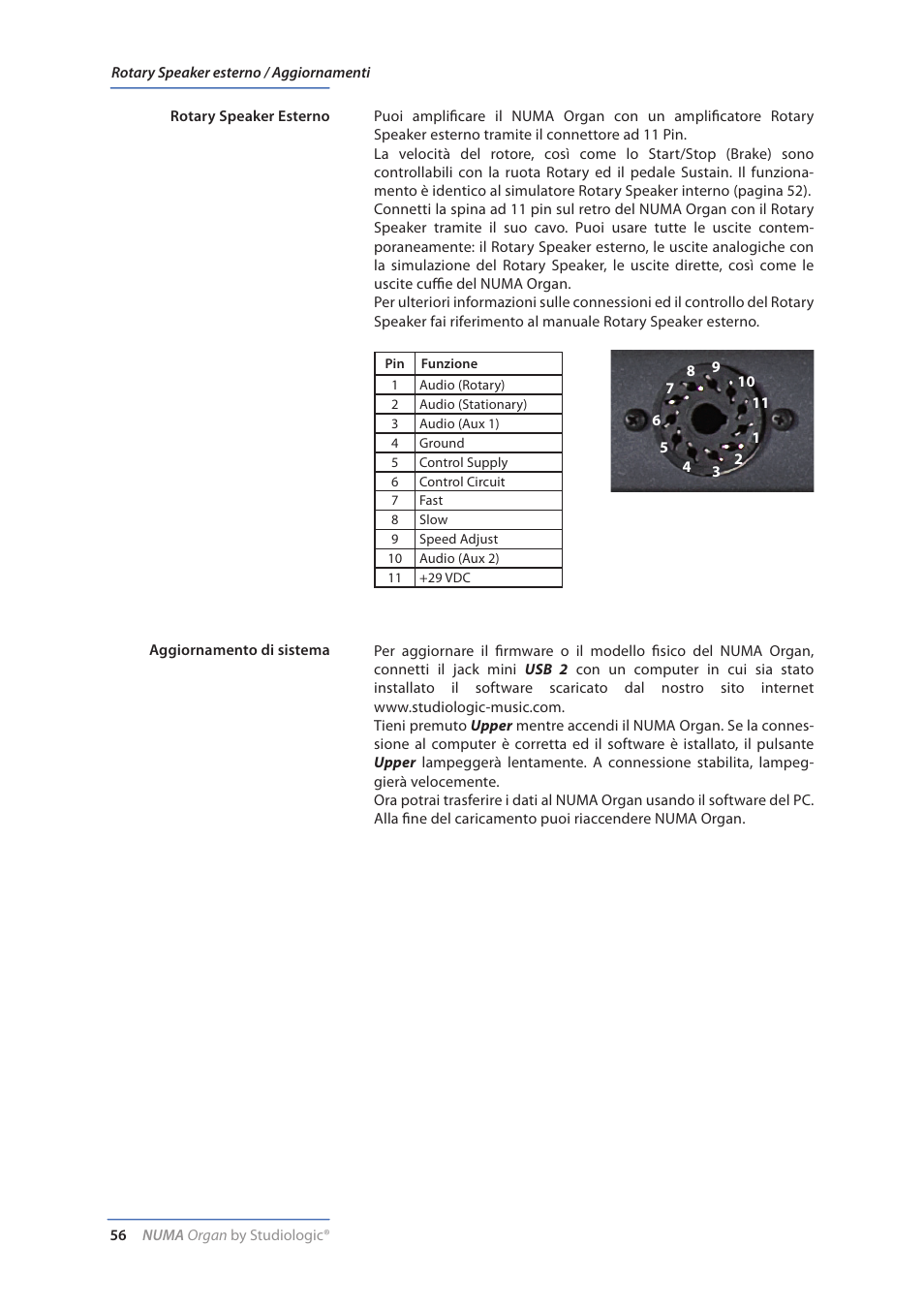 Rotary speaker esterno, Aggiornamento di sistema | Studiologic Numa Organ User Manual | Page 56 / 68