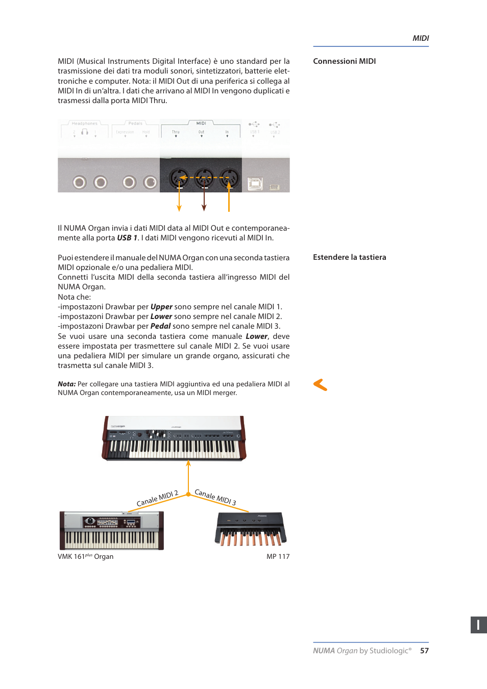 Midi, Connessioni midi, Estendere la tastiera | Studiologic Numa Organ User Manual | Page 57 / 68