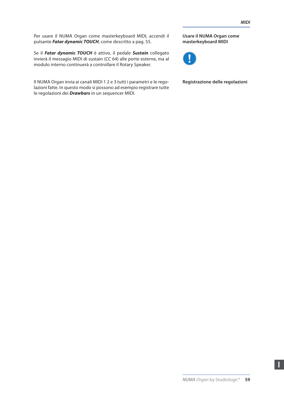Usare il numa organ come masterkeyboard midi, Registrazione delle regolazioni | Studiologic Numa Organ User Manual | Page 59 / 68