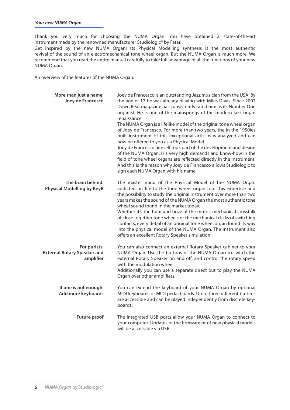 Your new numa organ | Studiologic Numa Organ User Manual | Page 6 / 68