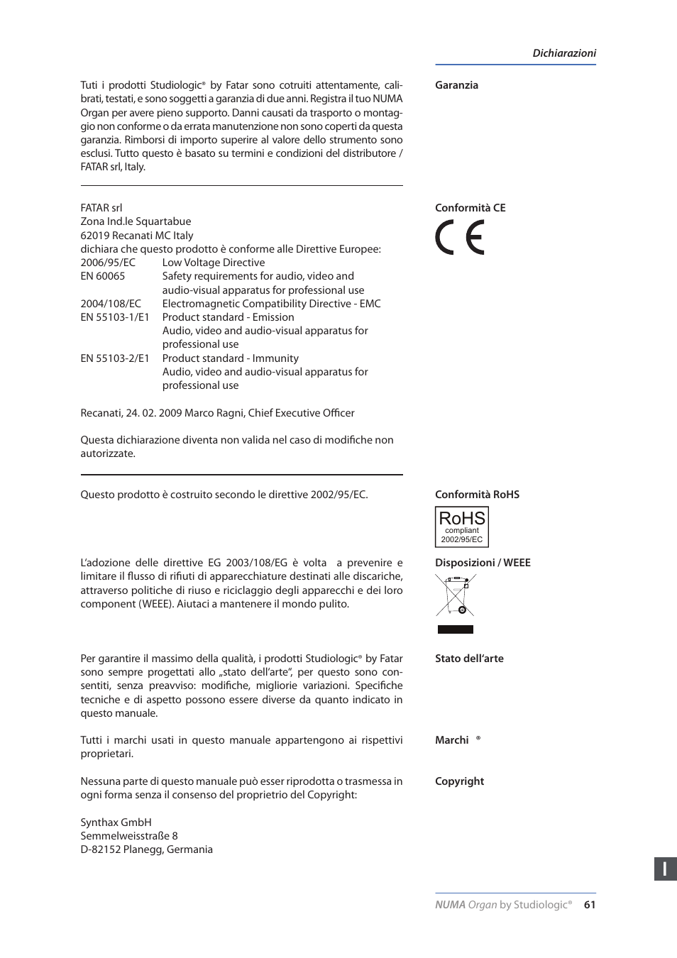 Dichiarazioni, Ce / rohs, Weee | Copyright, Rohs | Studiologic Numa Organ User Manual | Page 61 / 68
