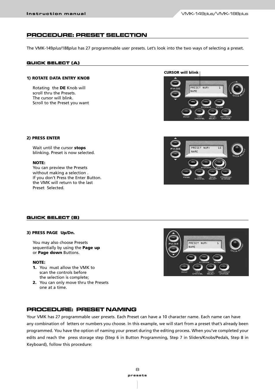 Procedure: preset selection, Procedure: preset naming | Studiologic VMK161Organ User Manual | Page 10 / 98