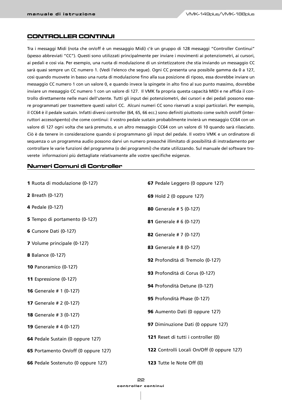 Controller continui, Numeri comuni di controller | Studiologic VMK161Organ User Manual | Page 24 / 98