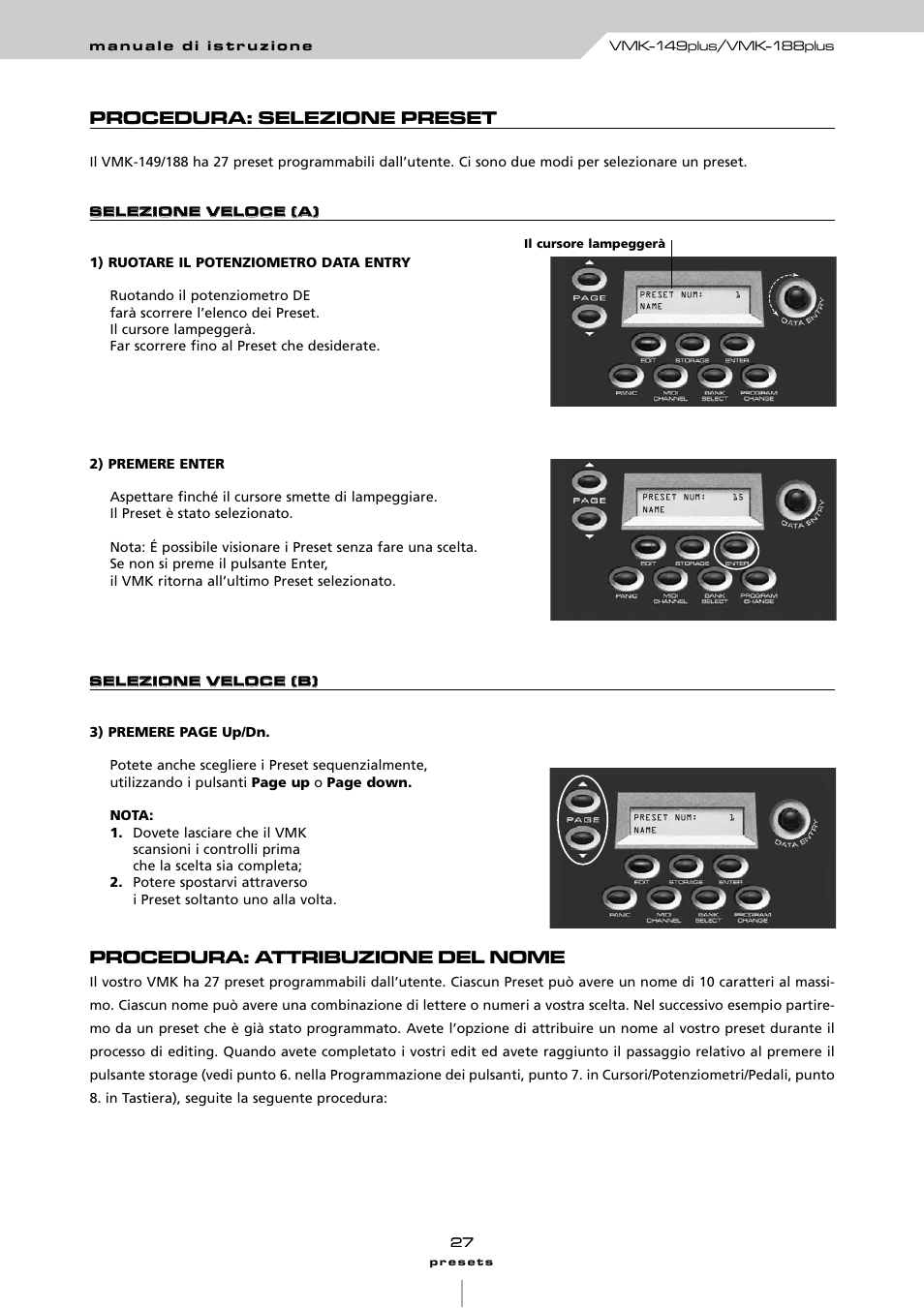 Procedura: selezione preset, Procedura: attribuzione del nome | Studiologic VMK161Organ User Manual | Page 29 / 98