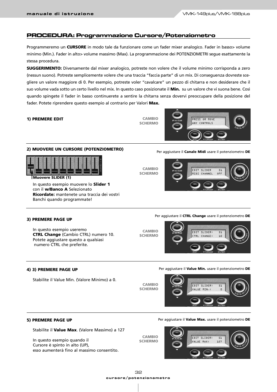 Procedura: programmazione cursore/potenziometro | Studiologic VMK161Organ User Manual | Page 34 / 98