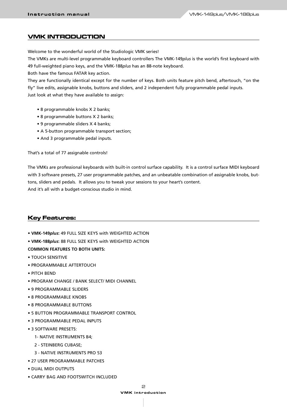 Vmk introduction, Key features | Studiologic VMK161Organ User Manual | Page 4 / 98