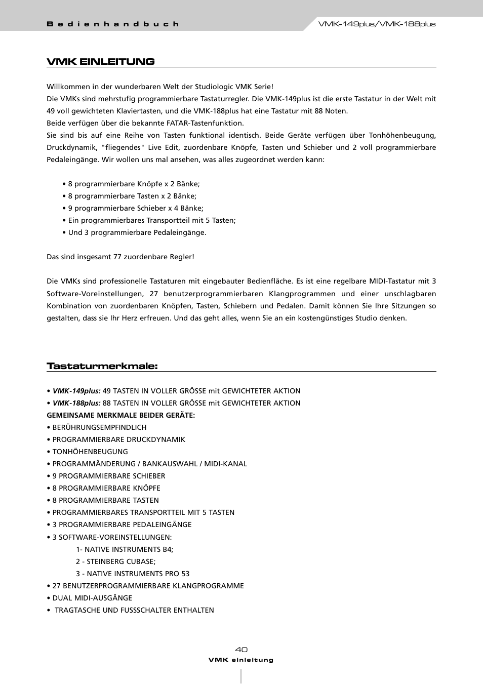 Vmk einleitung, Tastaturmerkmale | Studiologic VMK161Organ User Manual | Page 42 / 98