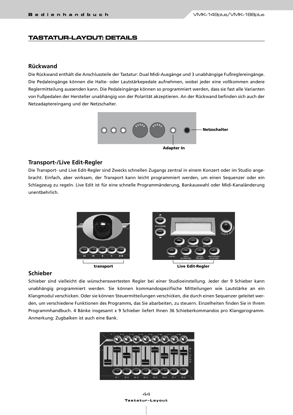 Tastatur-layout: details rückwand, Transport-/live edit-regler, Schieber | Studiologic VMK161Organ User Manual | Page 46 / 98