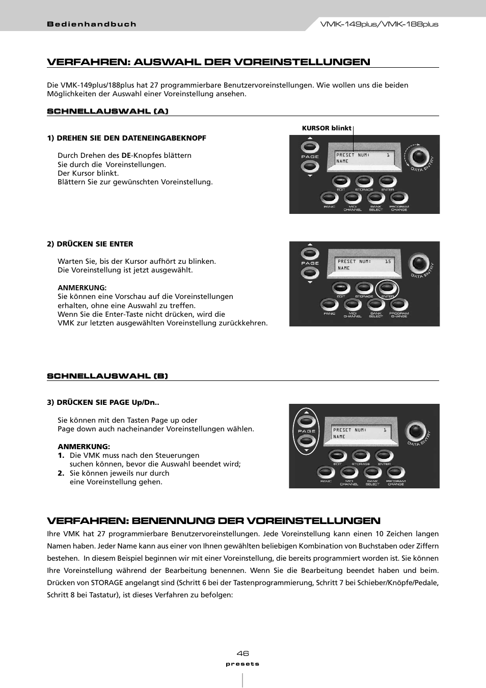 Verfahren: auswahl der voreinstellungen, Verfahren: benennung der voreinstellungen | Studiologic VMK161Organ User Manual | Page 48 / 98