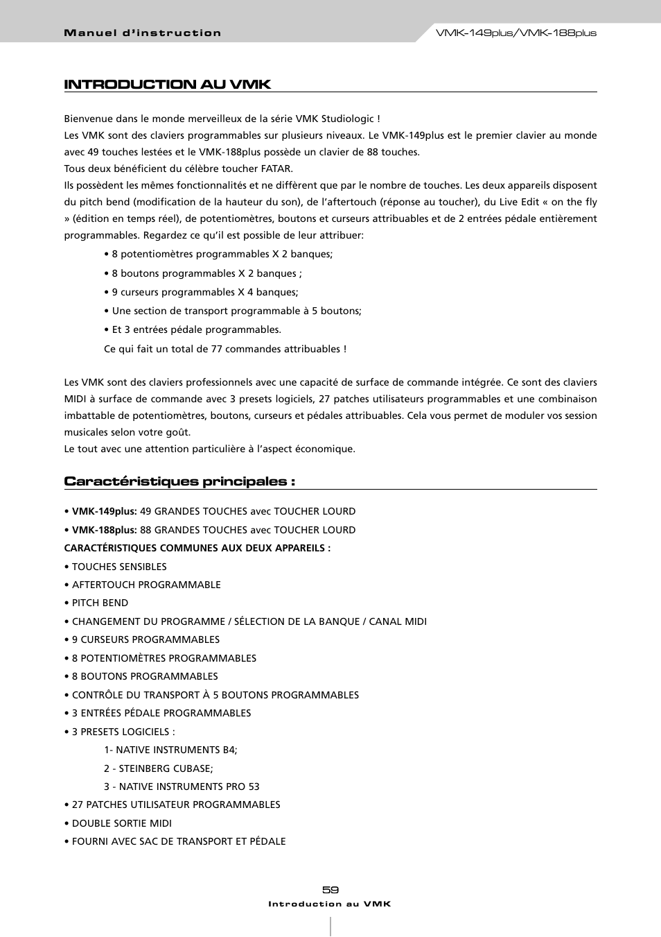 Introduction au vmk, Caractéristiques principales | Studiologic VMK161Organ User Manual | Page 61 / 98