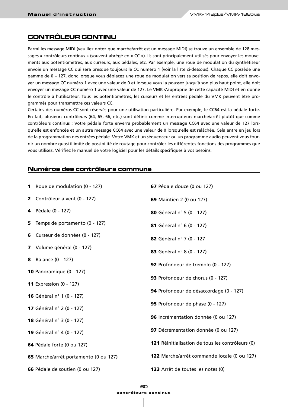 Contrôleur continu, Numéros des contrôleurs communs | Studiologic VMK161Organ User Manual | Page 62 / 98