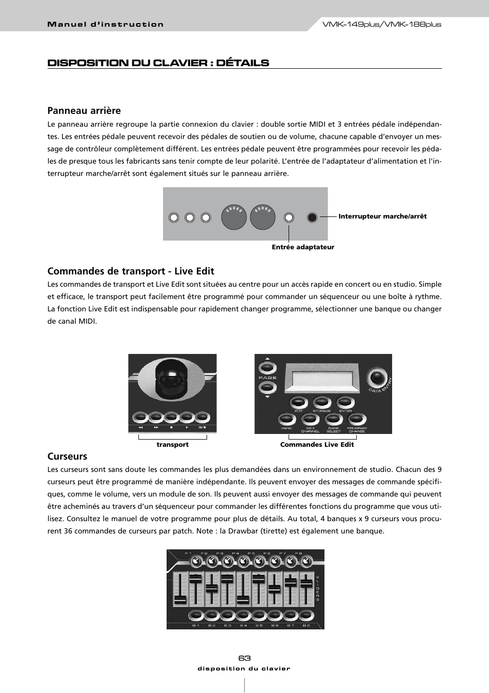 Disposition du clavier : détails panneau arrière, Commandes de transport - live edit, Curseurs | Studiologic VMK161Organ User Manual | Page 65 / 98