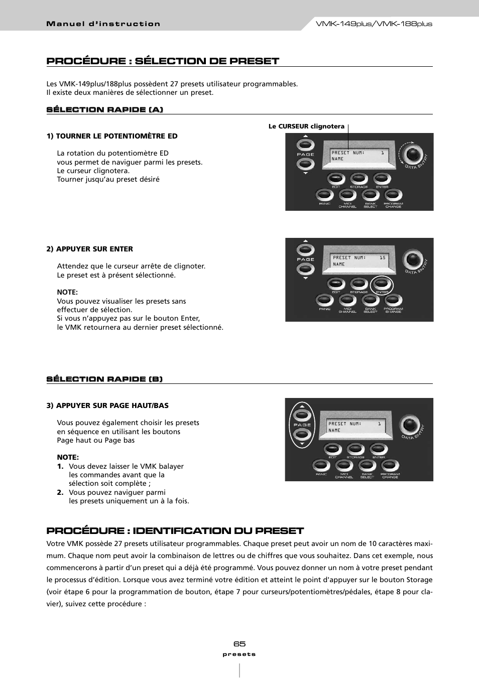 Procédure : sélection de preset, Procédure : identification du preset | Studiologic VMK161Organ User Manual | Page 67 / 98