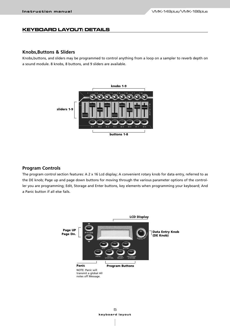 Keyboard layout: details knobs,buttons & sliders, Program controls | Studiologic VMK161Organ User Manual | Page 7 / 98