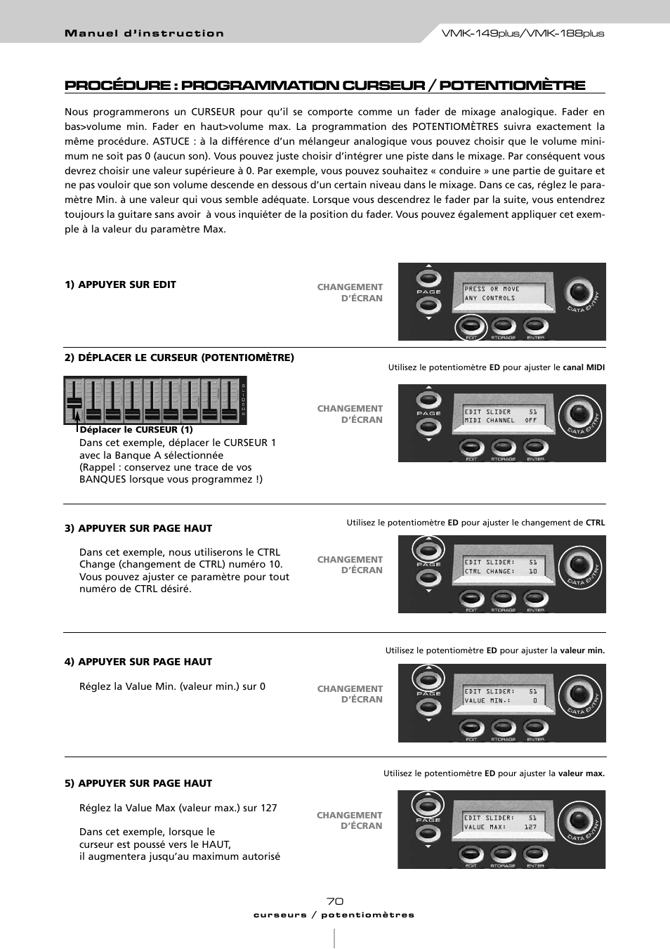 Procédure : programmation curseur / potentiomètre | Studiologic VMK161Organ User Manual | Page 72 / 98