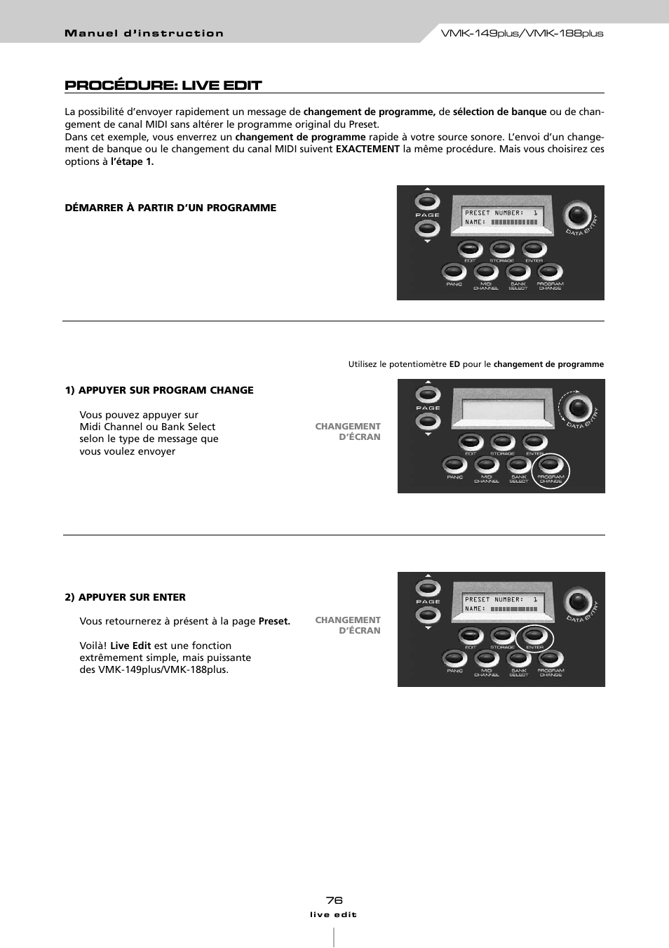 Procédure: live edit | Studiologic VMK161Organ User Manual | Page 78 / 98