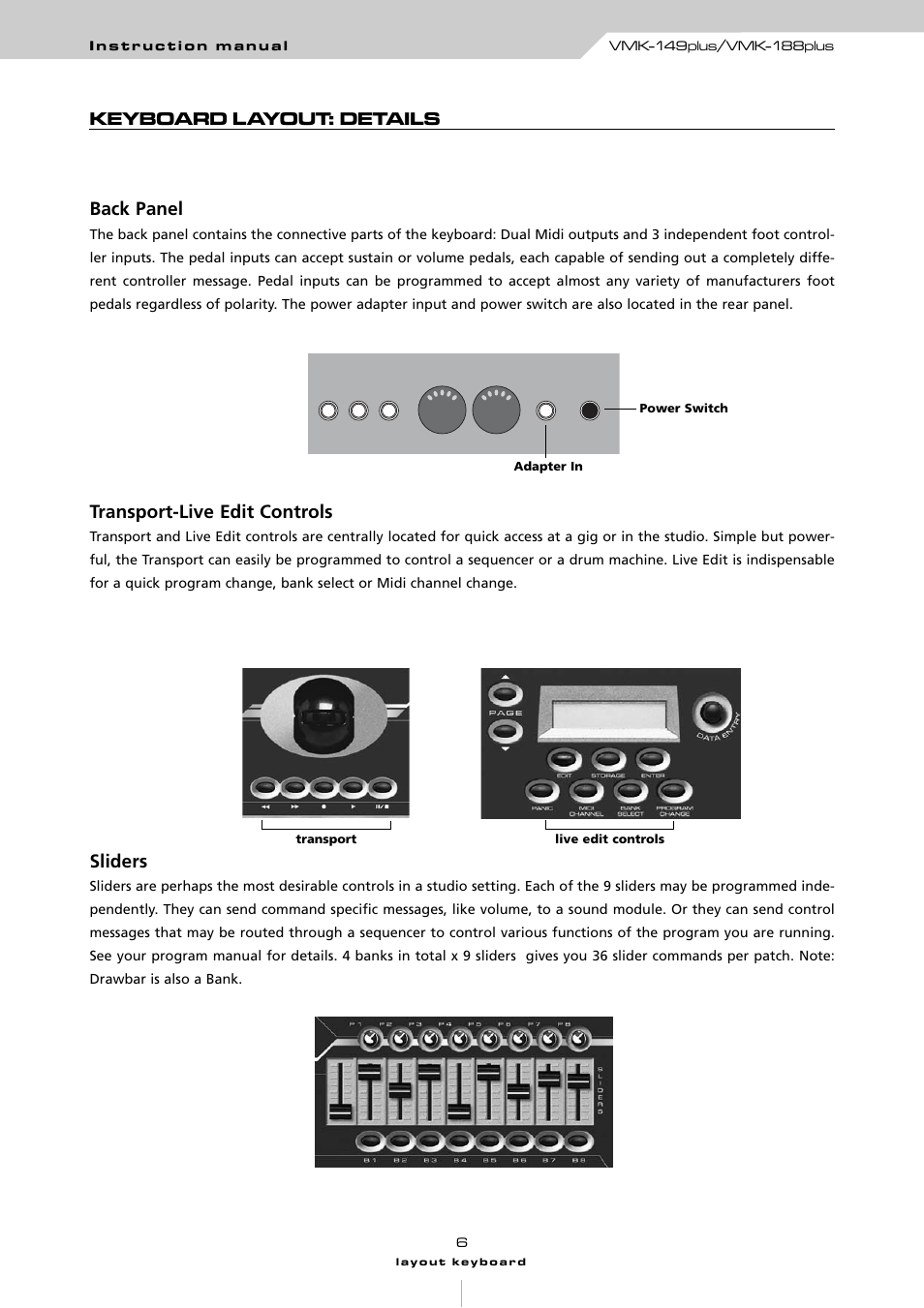 Keyboard layout: details back panel, Transport-live edit controls, Sliders | Studiologic VMK161Organ User Manual | Page 8 / 98