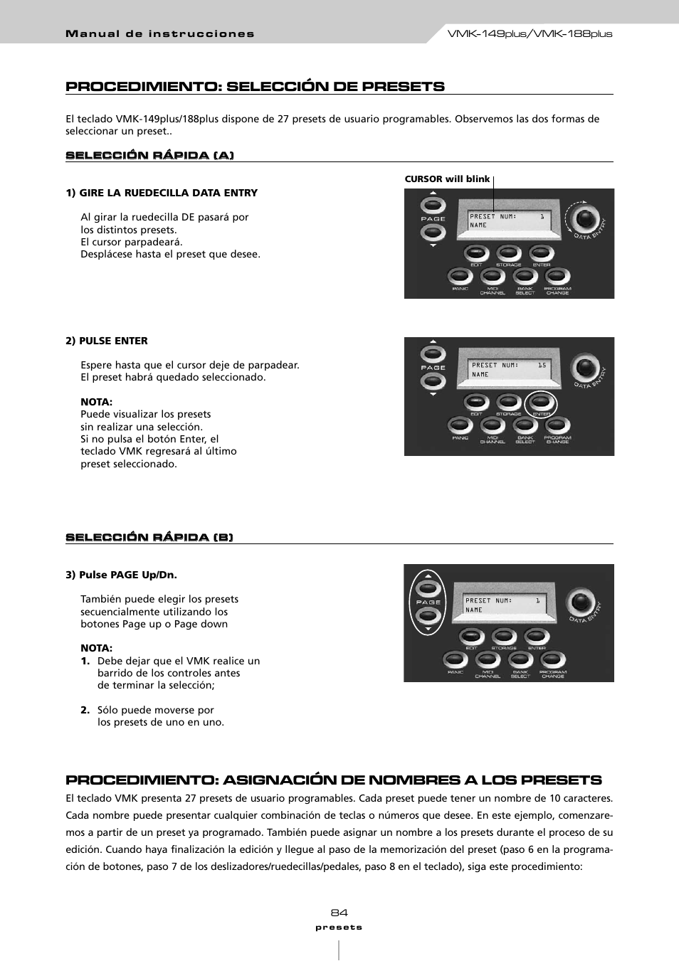 Procedimiento: selección de presets, Procedimiento: asignación de nombres a los presets | Studiologic VMK161Organ User Manual | Page 86 / 98