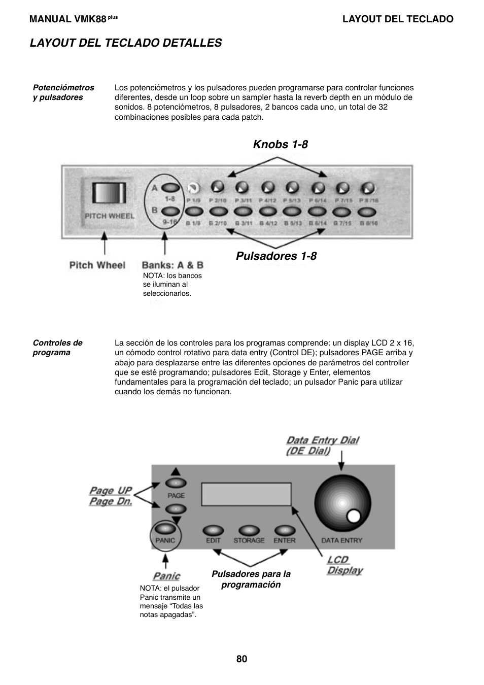 Knobs 1-8 pulsadores 1-8, Layout del teclado detalles | Studiologic VMK88Plus User Manual | Page 82 / 98