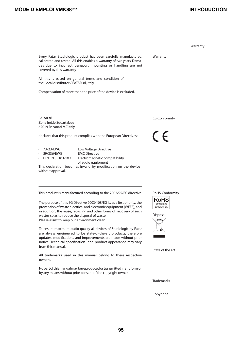 Rohs, 95 mode d’emploi vmk88, Introduction | Studiologic VMK88Plus User Manual | Page 97 / 98