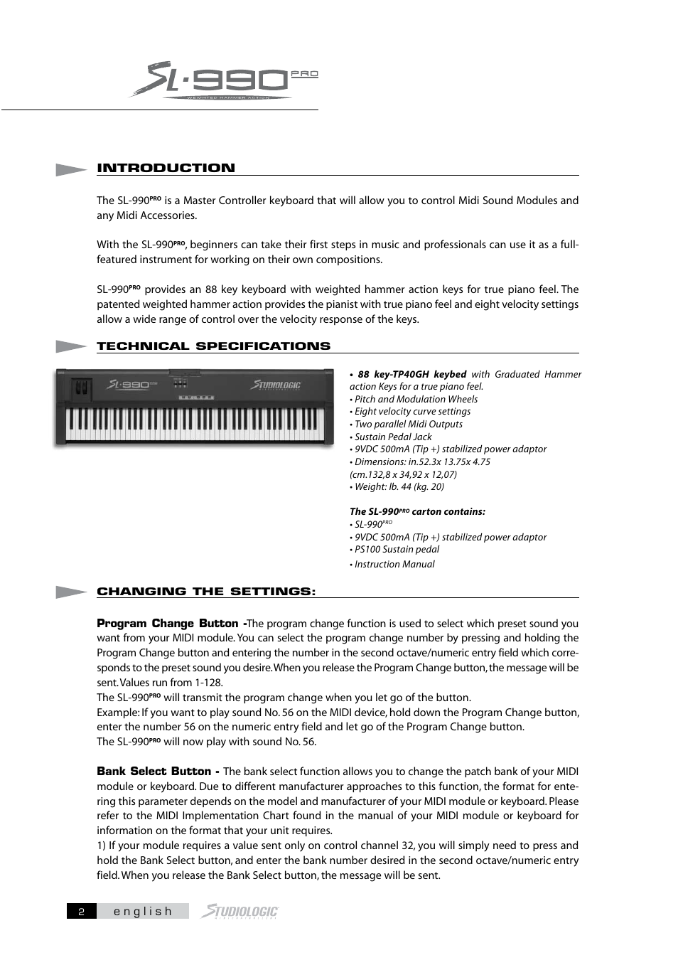 Studiologic SL990Pro User Manual | Page 2 / 13