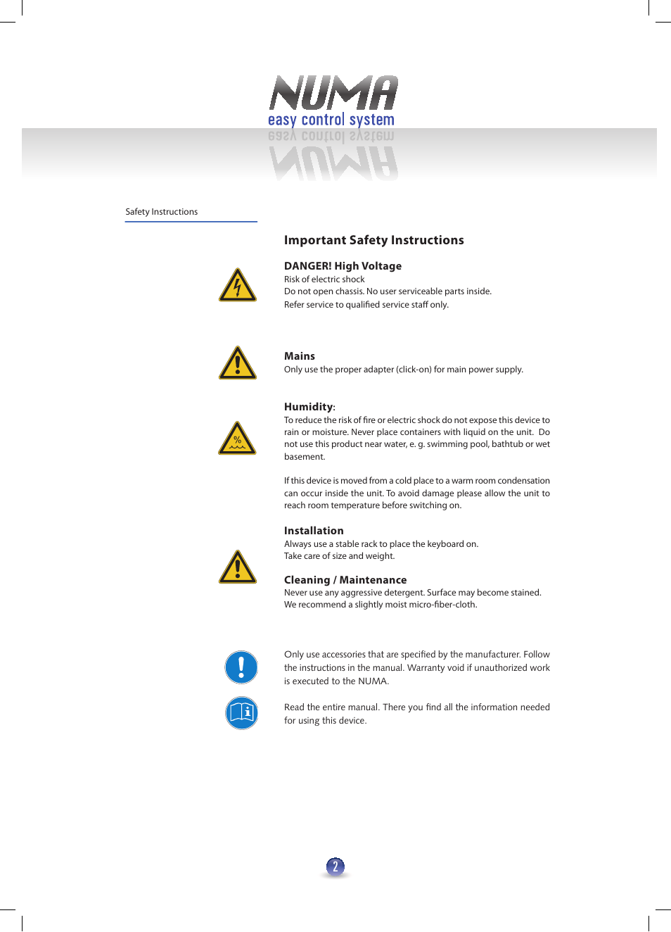 Important safety instructions | Studiologic Numa Nero User Manual | Page 2 / 47