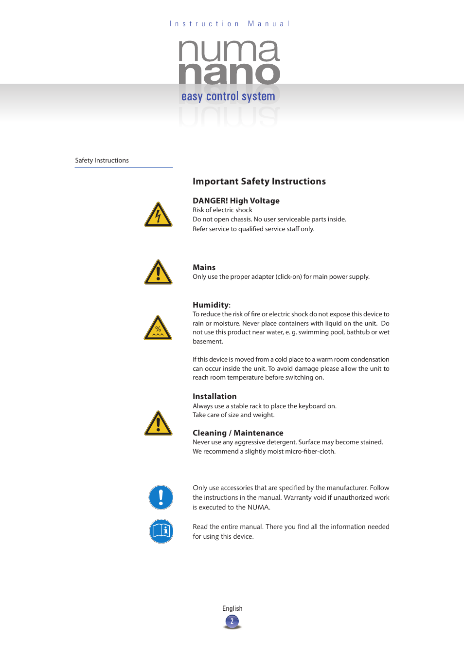 Important safety instructions | Studiologic Numa Nano User Manual | Page 2 / 16