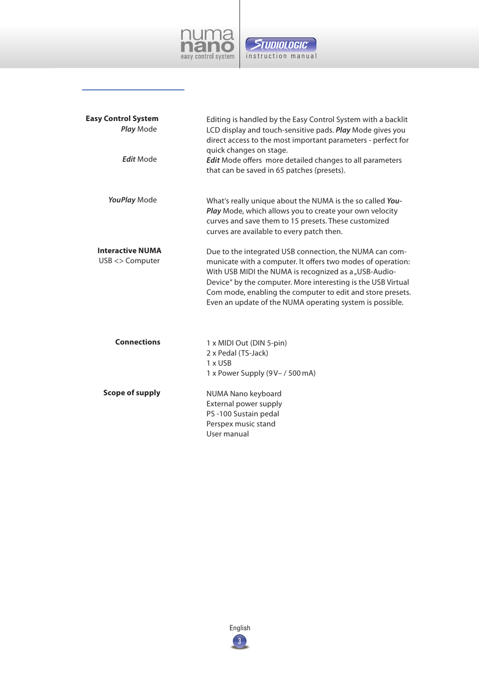 Studiologic Numa Nano User Manual | Page 3 / 16