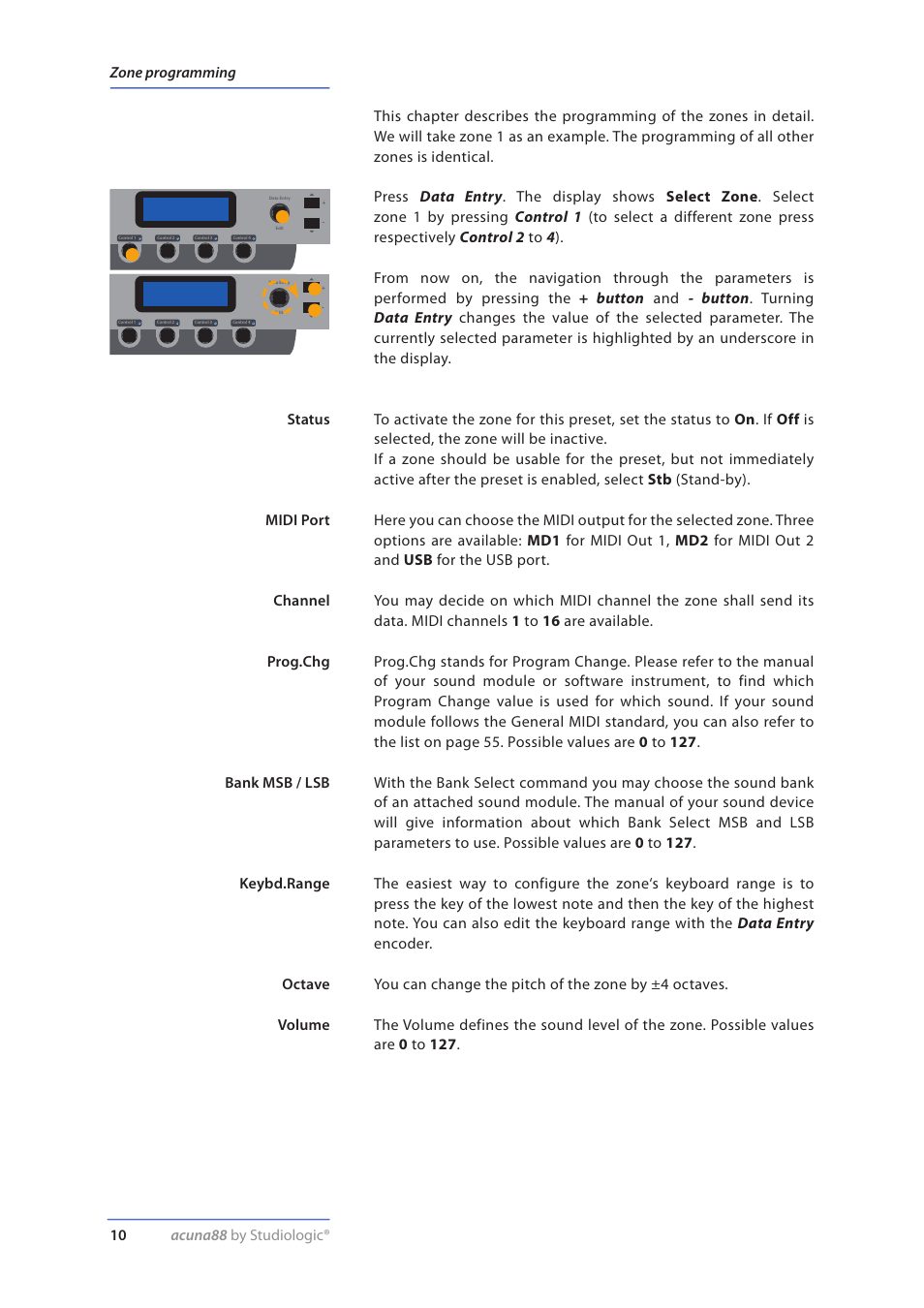 Zone programming, Status, Midi port | Channel, Prog.chg, Bank msb / lsb, Keybd.range, Octave, Volume | Studiologic Acuna 88 Manual User Manual | Page 10 / 56