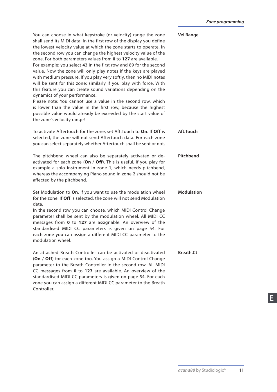 Vel.range, Aft.touch, Pitchbend | Modulation, Breath.ct | Studiologic Acuna 88 Manual User Manual | Page 11 / 56