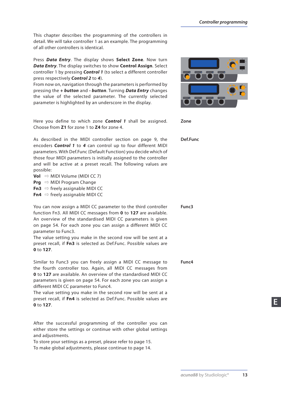 Controller programming, Zone, Def.func | Func3, Func4 | Studiologic Acuna 88 Manual User Manual | Page 13 / 56
