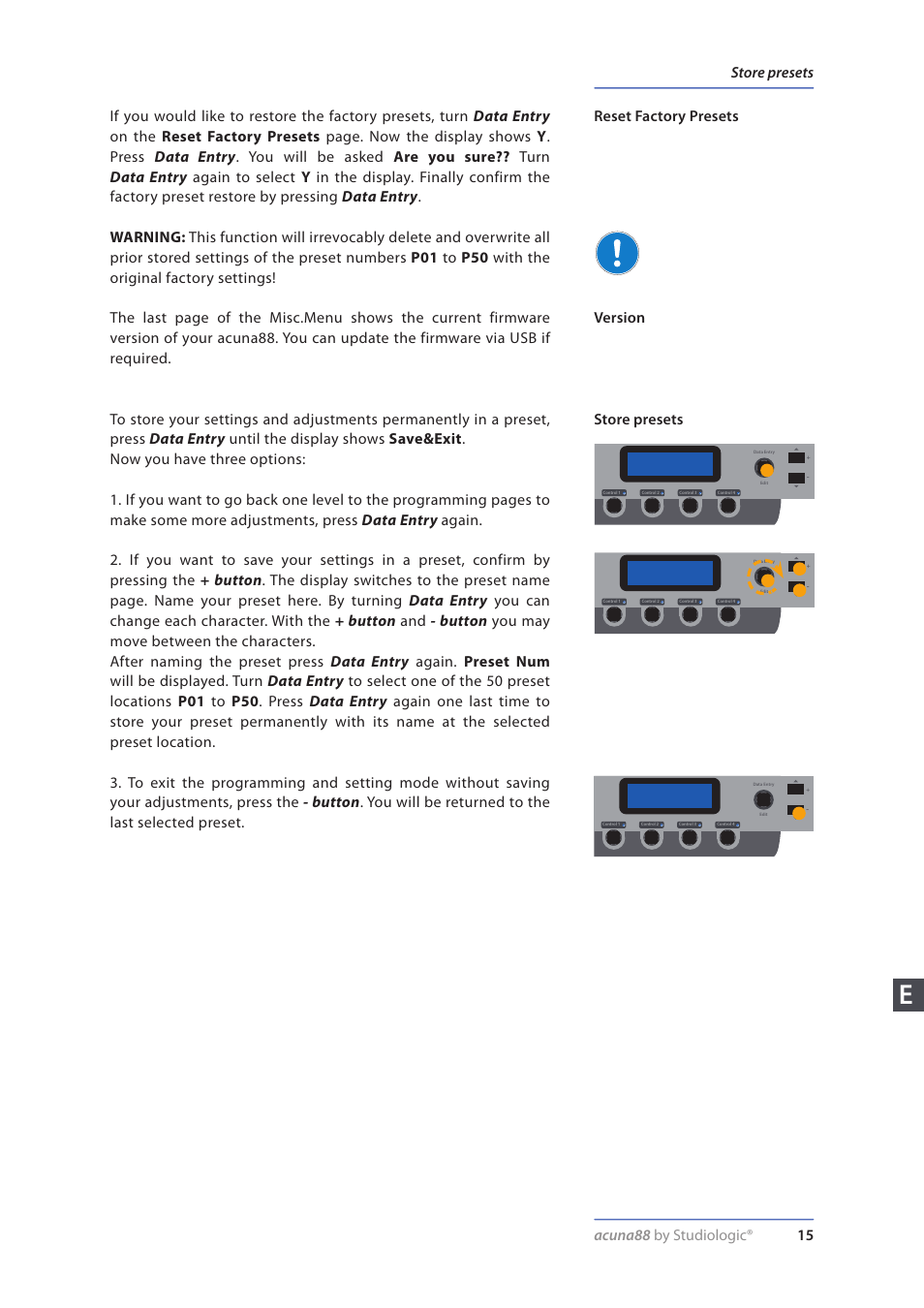 Reset factory presets, Version, Store presets | Studiologic Acuna 88 Manual User Manual | Page 15 / 56