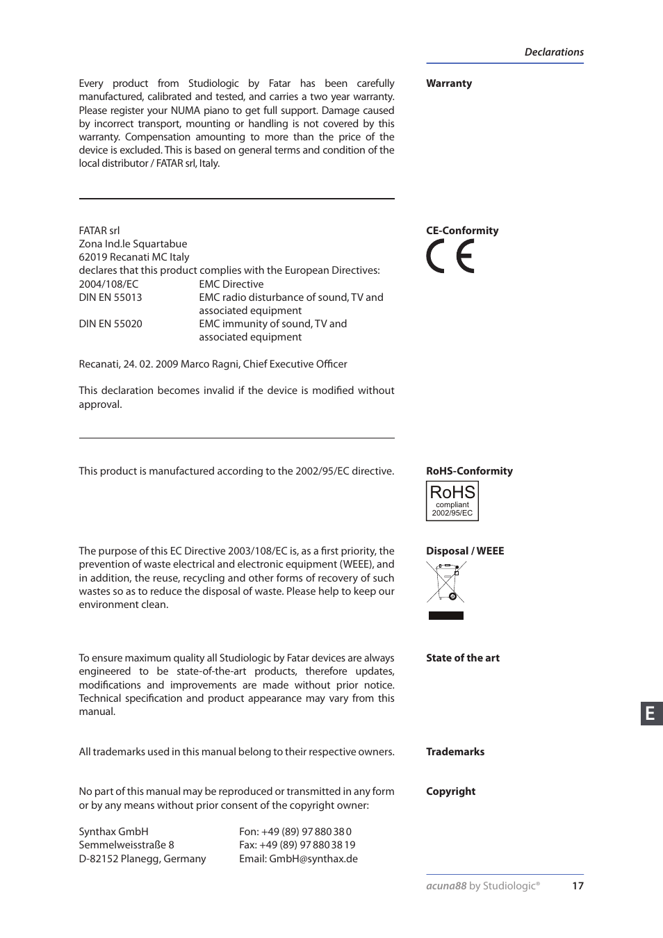 Declarations, Rohs | Studiologic Acuna 88 Manual User Manual | Page 17 / 56