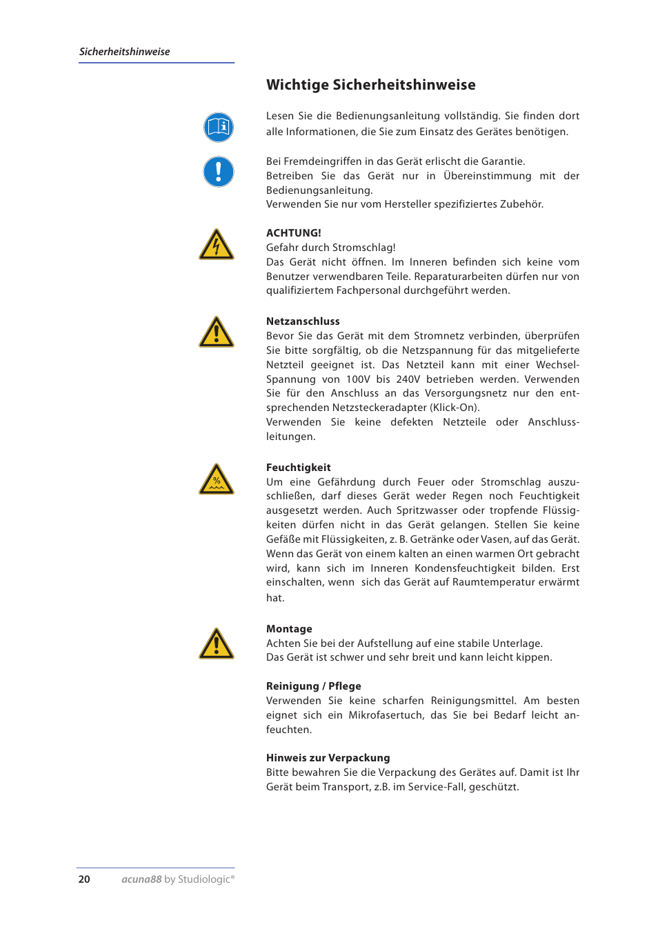Wichtige sicherheitshinweise | Studiologic Acuna 88 Manual User Manual | Page 20 / 56