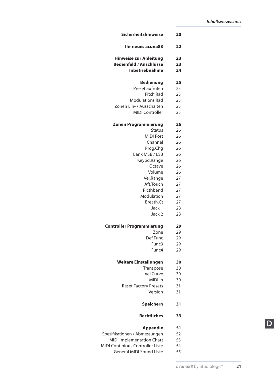 Studiologic Acuna 88 Manual User Manual | Page 21 / 56