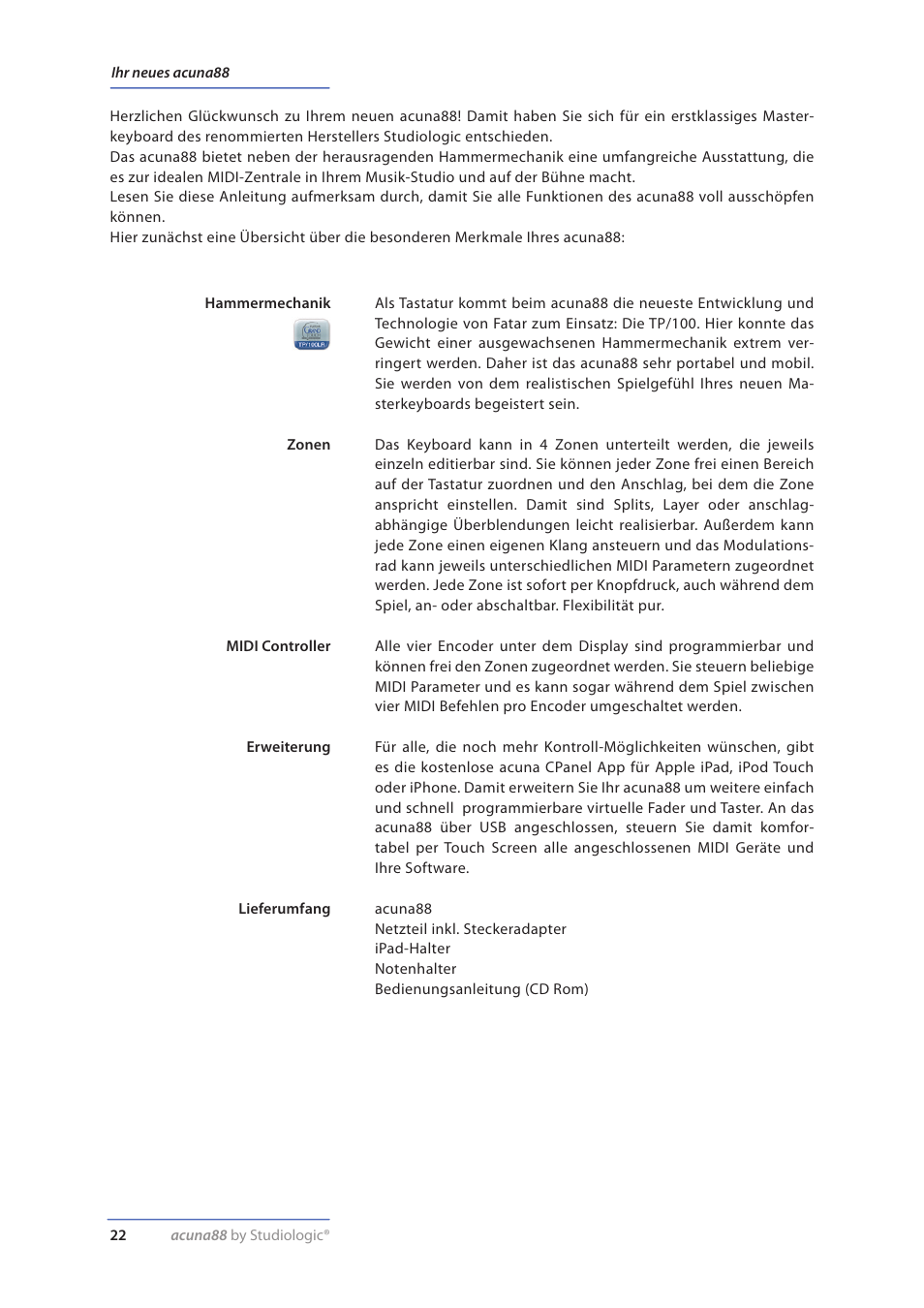 Ihr neues acuna88 | Studiologic Acuna 88 Manual User Manual | Page 22 / 56